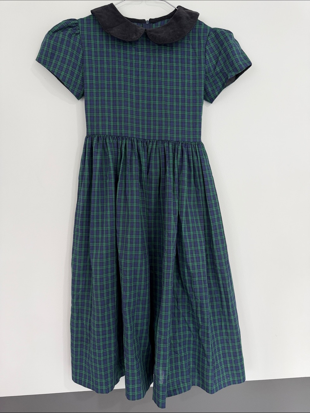 Vintage Navy & Green Plaid Kids Dress with Peter Pan Collar